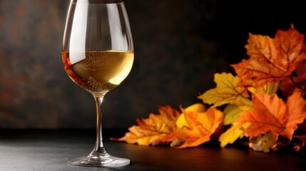 A glass of white wine sits on a table with autumn leaves.