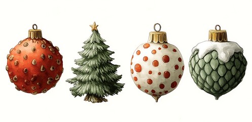 Christmas Ornament Set with Small Pine Tree and Assorted Textured Vintage Baubles