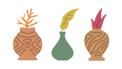 decorative vases with minimalist plants illustration