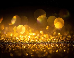 Golden bokeh background with glittering particles, dark backdrop
