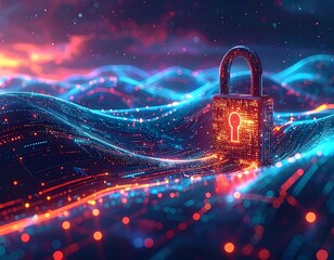 Digital padlock glows amidst a wave-like network with a fiery sky