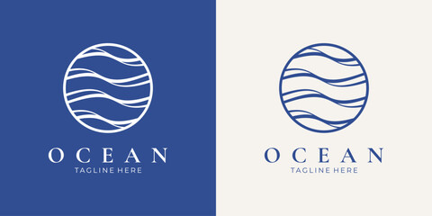 Minimalist circular ocean wave line art logo design
