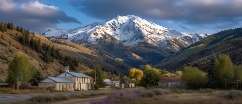 Majestic Mountain Village A picturesque village nestled amidst rolling hills, framed by the awe-inspiring presence of a snow-capped mountain under a dramatic sky.