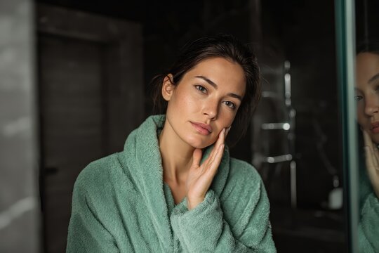 Una mujer con albornoz verde observa su reflejo en un espejo de ba&ntilde;o con una expresi&oacute;n tranquila.