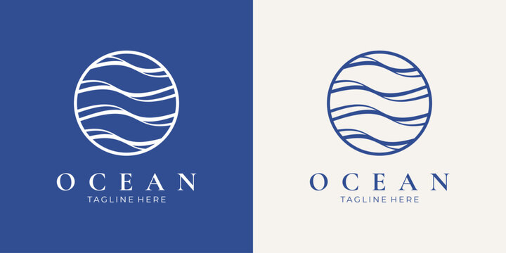 Minimalist circular ocean wave line art logo design