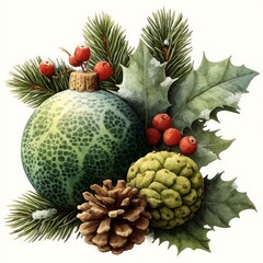 Festive Christmas Arrangement with Green Patterned Bauble Pine Cones and Holly Leaves