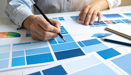 Hands sketching on color swatches and charts with pencils on a desk