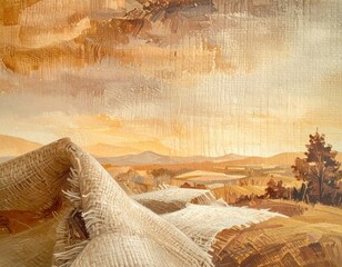 Earth-toned landscape painting, partially obscured by rough, tan burlap