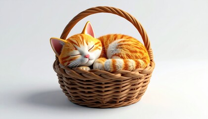 Orange tabby kitten asleep curled up in a woven basket, white backdrop