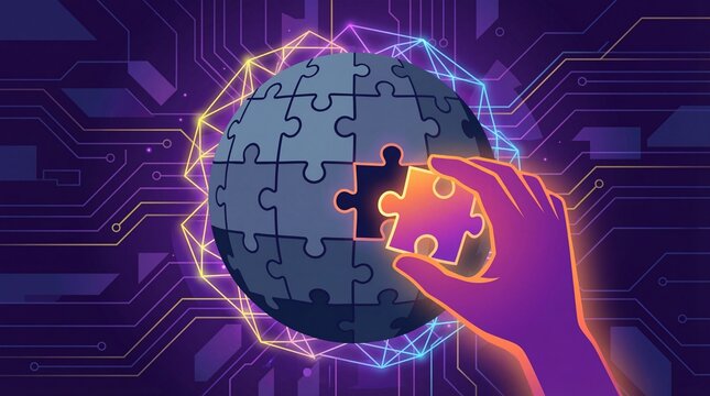 Hand placing puzzle piece into global technology network - Powered by Adobe