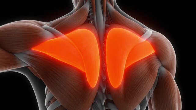 Detailed anatomical illustration of the human back highlighting the trapezius muscles.