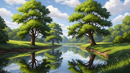 Serene Forest River Reflection Landscape Digital Artwork