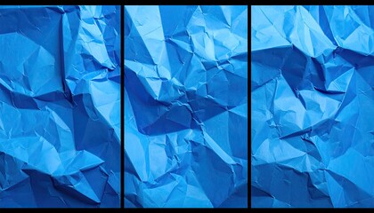 A triptych of crumpled, vibrant blue paper with strong shadows