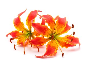 Two vibrant, flame-colored flowers with delicate, wavy petals isolated