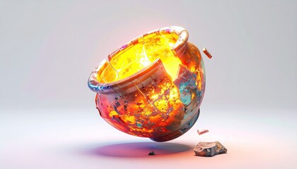 Fractured vessel glows with fiery interior, fragments scattered around