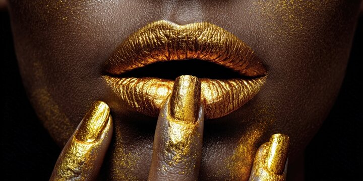 Close-up de labios cubiertos de oro, bloqueados por una mano dorada.