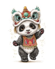 Cute Baby Panda Character Wearing Traditional Chinese Lion Dance Headdress for Lunar New