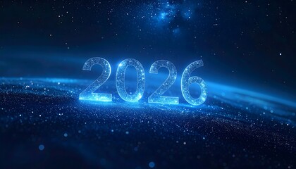 Creative futuristic design of the year 2026 using bright electric blue textures and glowing edges on a dark abstract horizon.