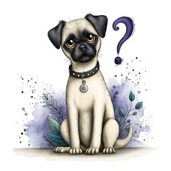 Sad Pug Puppy Illustration with Question Mark Symbol and Watercolor Floral Accents