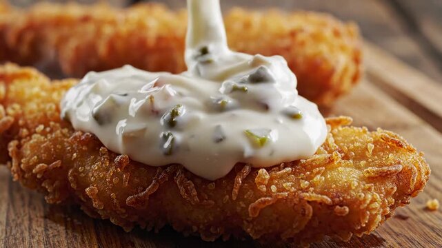 Extreme slow motion macro shot of thick white tartar sauce slowly drizzling down onto a hot crispy fried catfish fillet resting on a wooden board no people, advertising background, high speed video