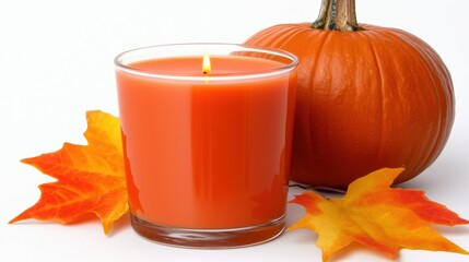 A candle in a glass sits on a white background with autumn leaves.