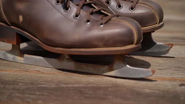 Nostalgic Vintage Leather Ice Skates With Worn Soles And Detailed Stitching Displayed Gracefully