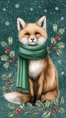 Cute Red Fox Wearing a Green Scarf in a Winter Forest with Holly Berries and Snowflakes