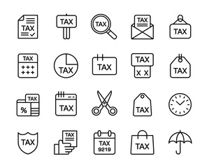Fototapeta premium business linear icons and tax set containing simple web graphics for tax return, tax calendar, tax form, and purchase tax with editable vector stroke for professional financial infographics.
