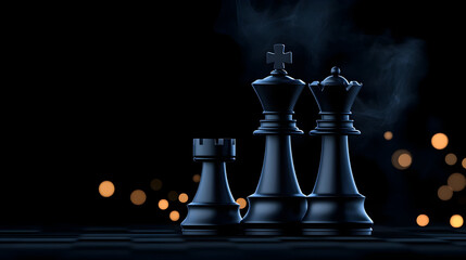 Strategic chess pieces on a dark board with glowing lights