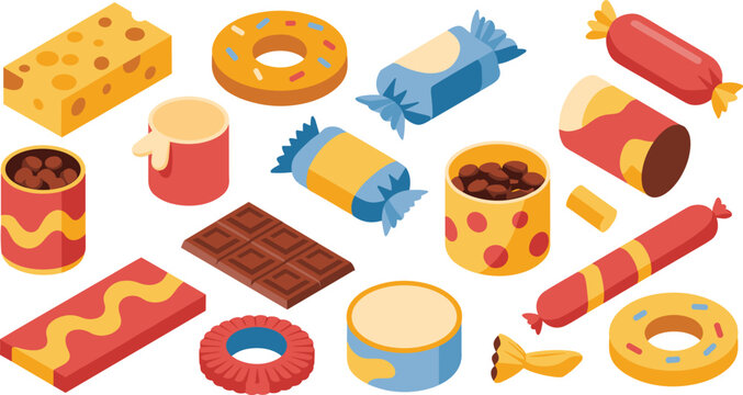 Isometric illustration of assorted snacks and sweets collection, candy chocolate cookies cheese junk food vector set