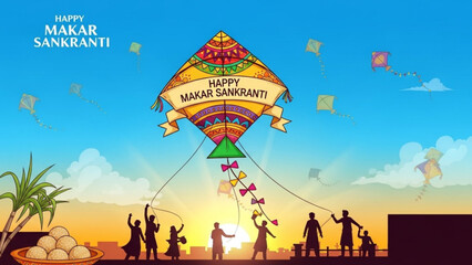 Vibrant kite festival celebration with people flying kites and enjoying traditional sweets on a sunny day with blue sky and white clouds
