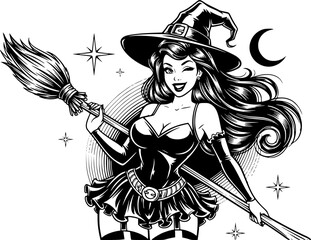 Retro Pin Up Girl Halloween Costume Vector Illustration