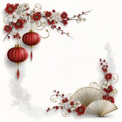 Chinese New Year Decorative Frame with Red Lanterns Fans and Cherry Blossom on White Background
