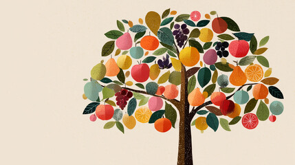 一本の太い木の幹から、ブドウ（紫・黄）、オレンジ、リンゴ、レモン、桃など、多種多様な果実が同時に実っているイラスト、アート