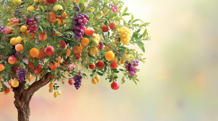 一本の太い木の幹から、ブドウ（紫・黄）、オレンジ、リンゴ、レモン、桃など、多種多様な果実が同時に実っている