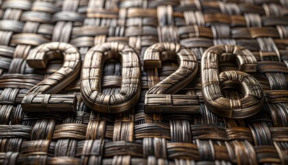 Industrial 3d 2026 numbers with a woven bronze metallic texture on a matching textured fiber background