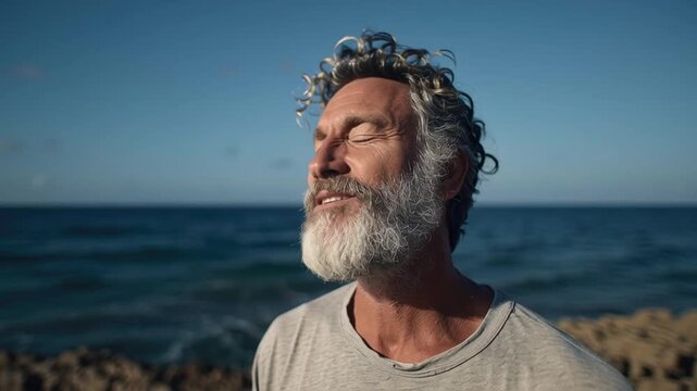 Mature man beard seaside sunlight reflection ocean profile. older man enjoying sea breeze breathing exercise health awareness program, serene retreat