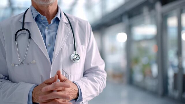 Experienced male doctor white coat with stethoscope promoting health awareness program compassionate medical care modern clinic corridor confident