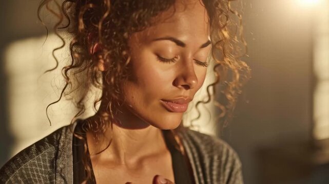 Portrait of young woman with closed eyes enjoying warm sunlight, female relaxation and calm, health awareness program with serene expression