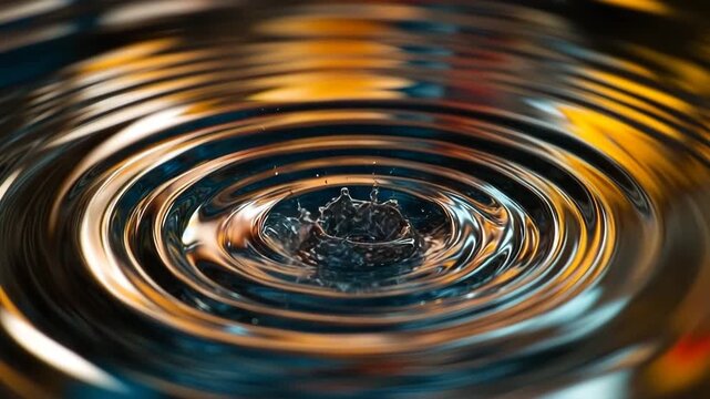 Single water droplet creating concentric ripples in still water