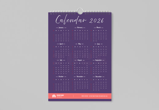 Minimal 2026 Yearly Wall Calendar Design Layout