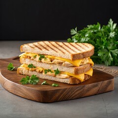 Delicious stacked chicken sandwich on a wooden board garnished with fresh parsley