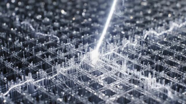 Extreme slow motion macro shot of white electrical energy pulsing and connecting between fine synthetic crystalline fibers in a highly detailed grid structure data, innovation, power