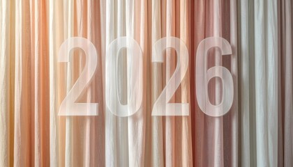 Semi-transparent 2026 crystalline numbers set against soft vertical fabric drapes in pastel pink and cream gradients