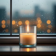 Cozy candle glow reflects city lights on rainy window pane peaceful ambiance