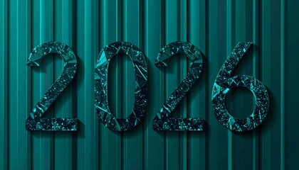 Textured 2026 numbers with emerald crystalline patterns on a dark teal corrugated metal background with sharp shadows