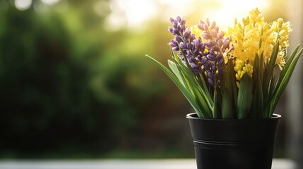 A black vase holds a bouquet of purple and yellow flowers.