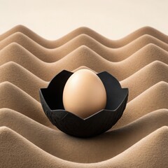 Abstract still life smooth spherical object in geometric black bowl on rippled textured surface