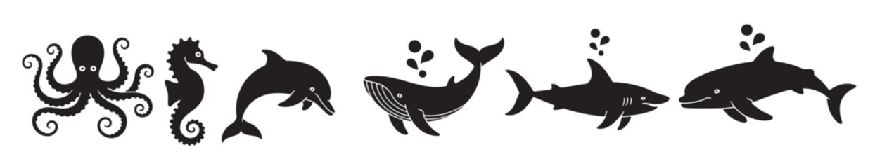 collection of stylized black silhouettes of marine animals