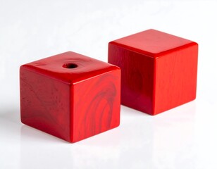 Two vibrant red wooden cubes on a clean white surface